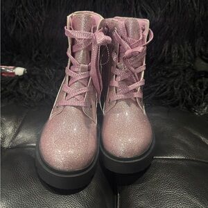 Pink Combat Boots with Glittery Finish and Sturdy Sole